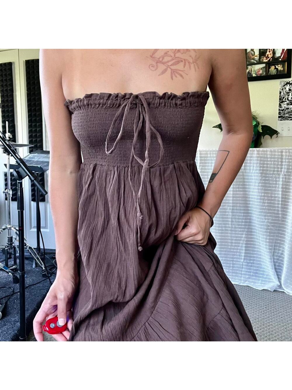 Linen strapless maxi dress brown